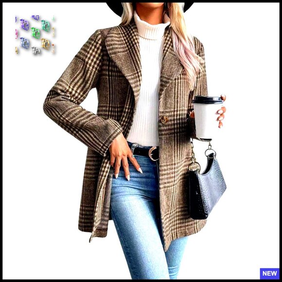 Jackets & Blazers - Vintage Plaid Wool Blend Blazer Coat Elegant Shawl Collar Retro Chic Office Wear